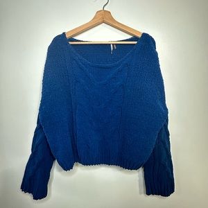 Free People Blue Chenille Cable Knit Sweater Wide Neck Blue Size Small